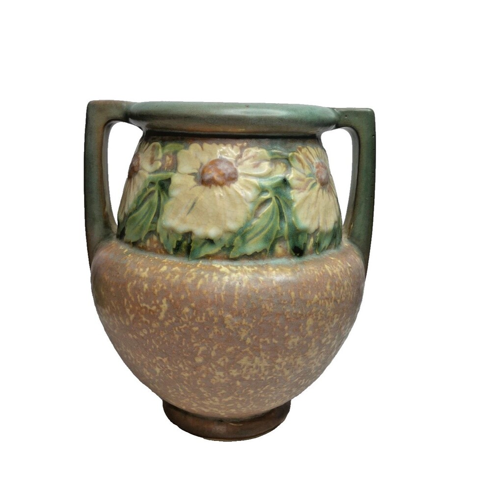 Roseville Art Pottery DAHLROSE Arts & Crafts Handled Vase Variegated Tan 367-8